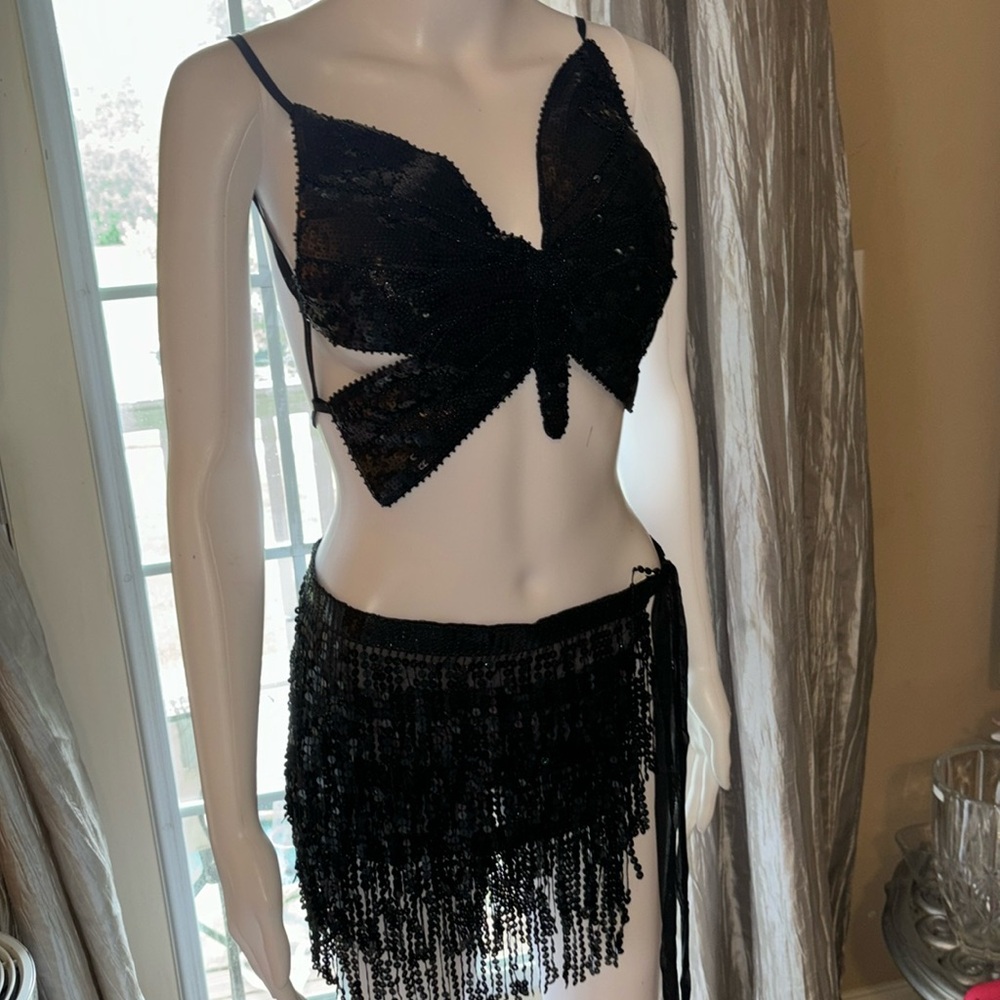 Black 2 pc sequin Butterfly halter top/Wrap skirt coverup set one size N… - Picture 2 of 12